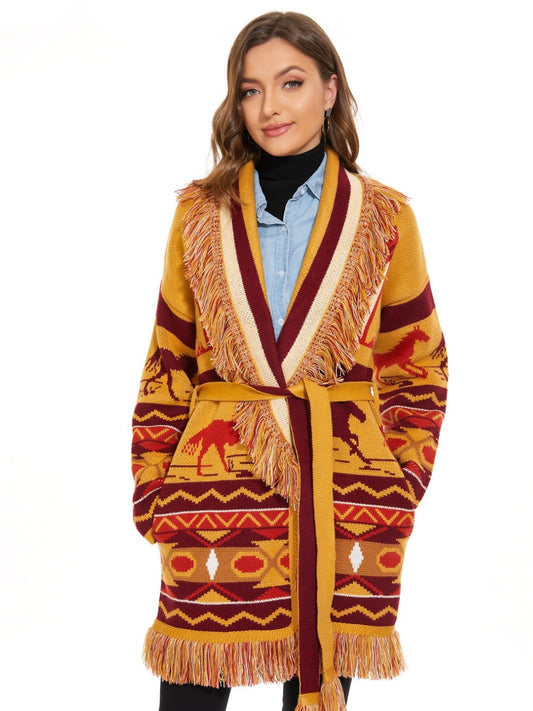 Hillside WQJGR Autumn Winter Cardigan Sweater Women Wool Kniited Tassel Geometric patterns Loose Full Sleeve High Quality Jacket Female - Posterify