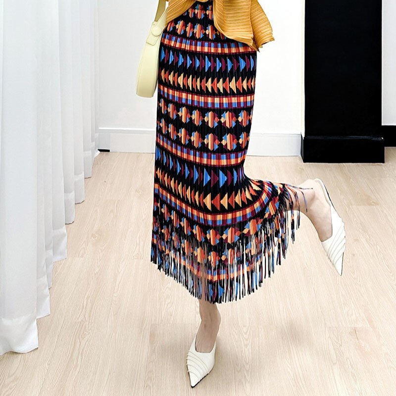 Hillside Vintage Printing Tassel Pleated Skirts For Women High Waist With Elastic Midi Skirt Tide Fashion Summer - Posterify
