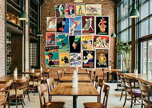 Dressing a restaurant wall with vintage posters gives a vibrant vibe