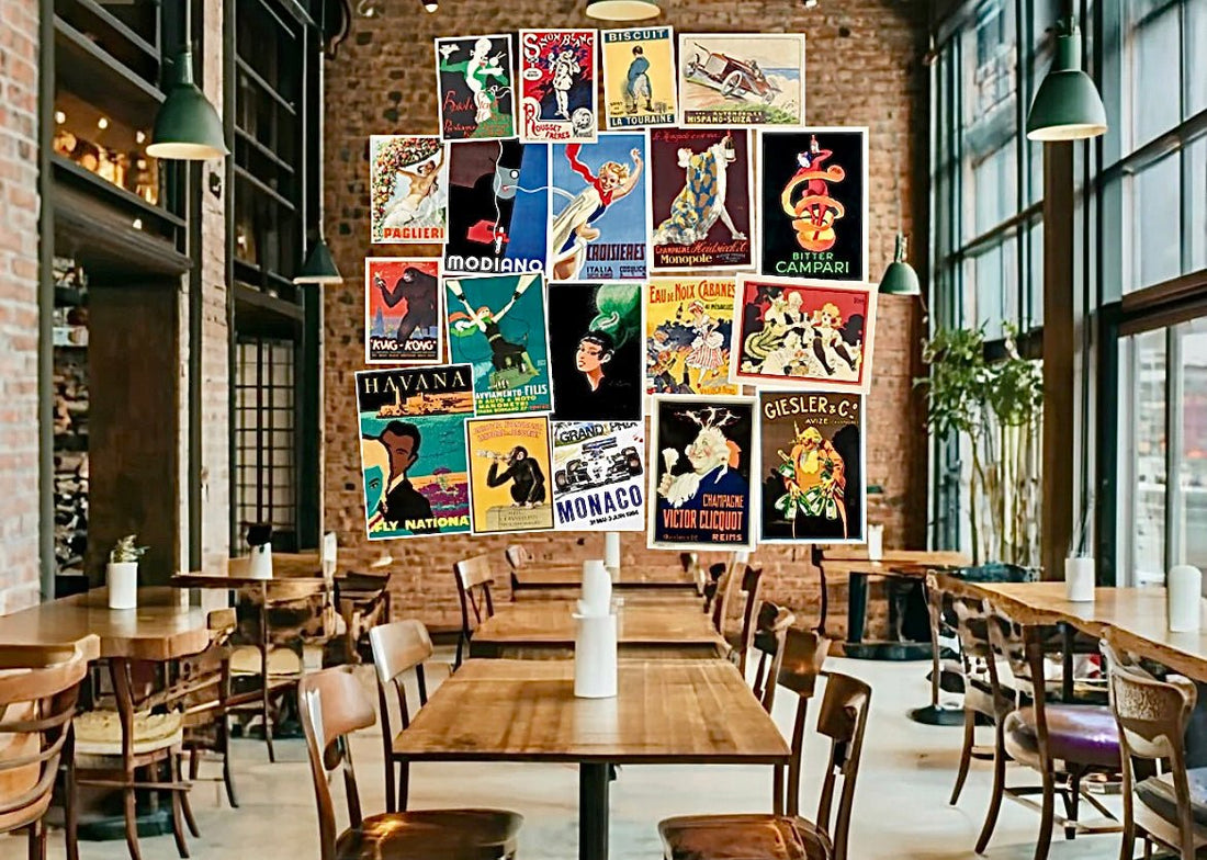 Dressing a restaurant wall with vintage posters gives a vibrant vibe - Posterify