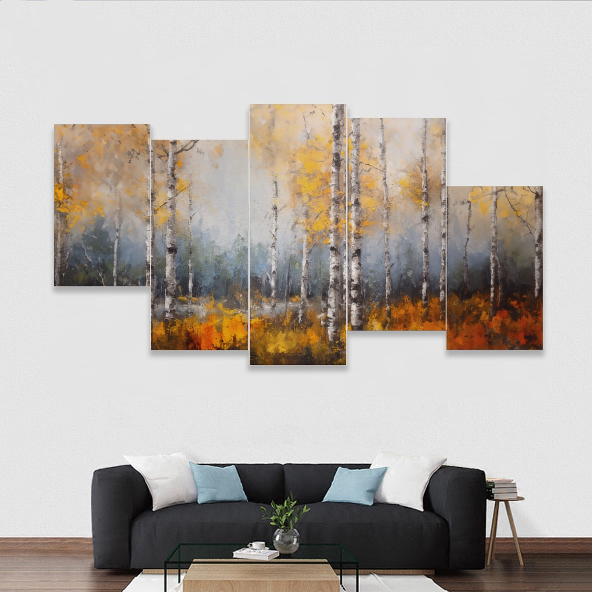 Birch Tree Forest, Oil Painting print, Five-piece Framed Murals