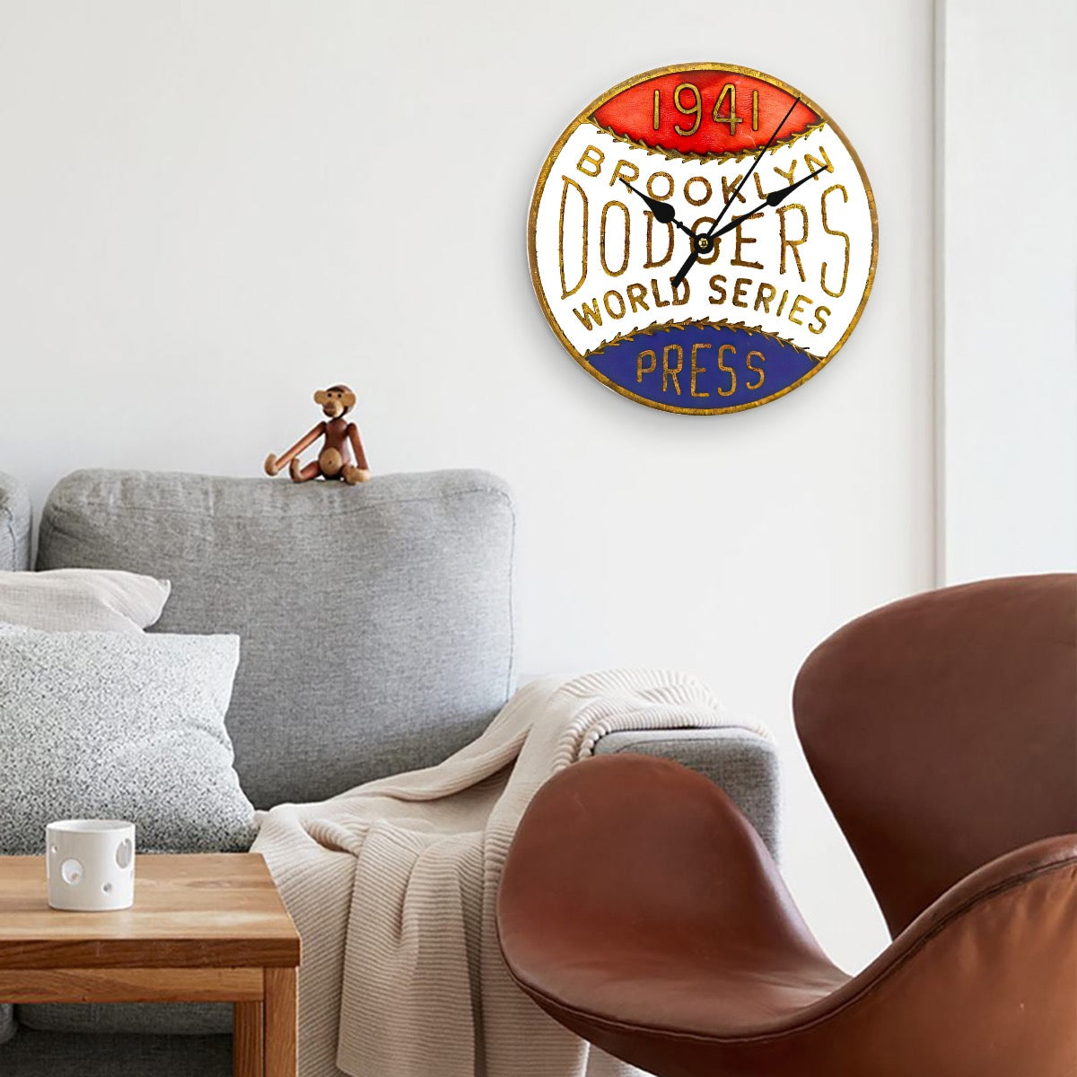 Dodgers, Vintage Press Button, Wood Clock