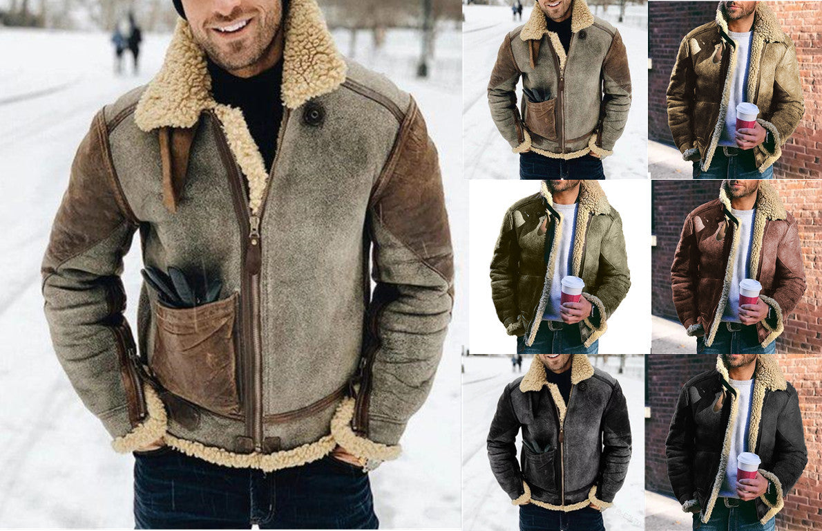 Hillside Faux Leather Men's Jacket Winter Warm Jacket Thicken Large Lapel Contrast Color Jacket - Posterify