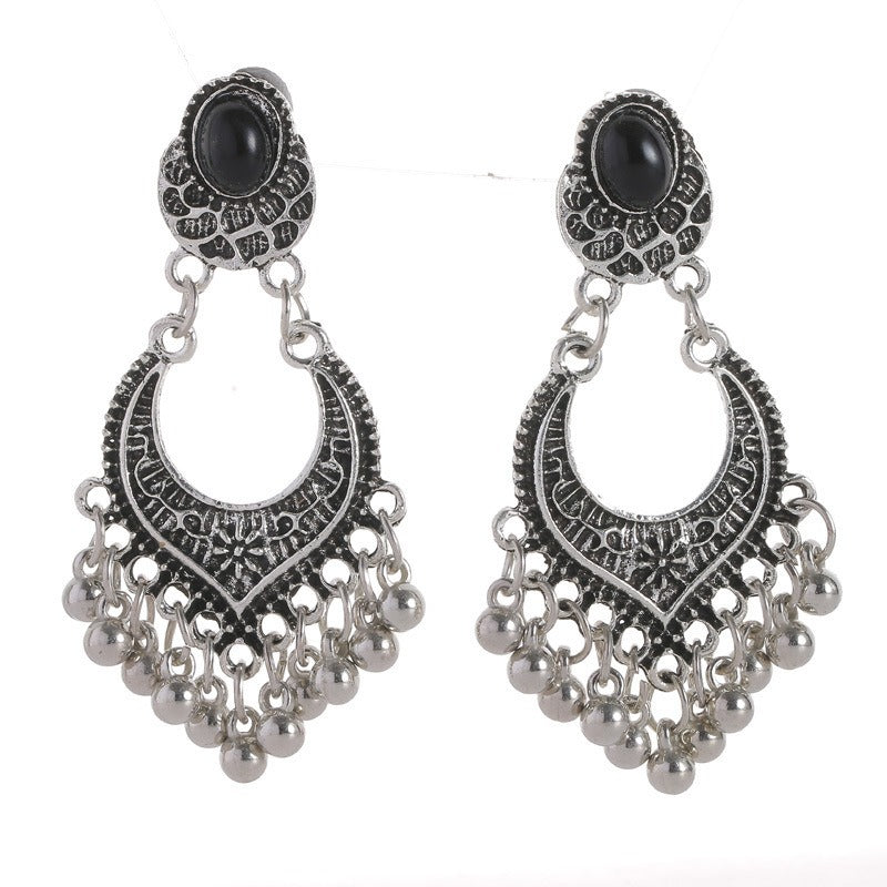 Hillside Vintage Black Droplet Earstuds Beads Tassel Rhinestone Earrings - Posterify