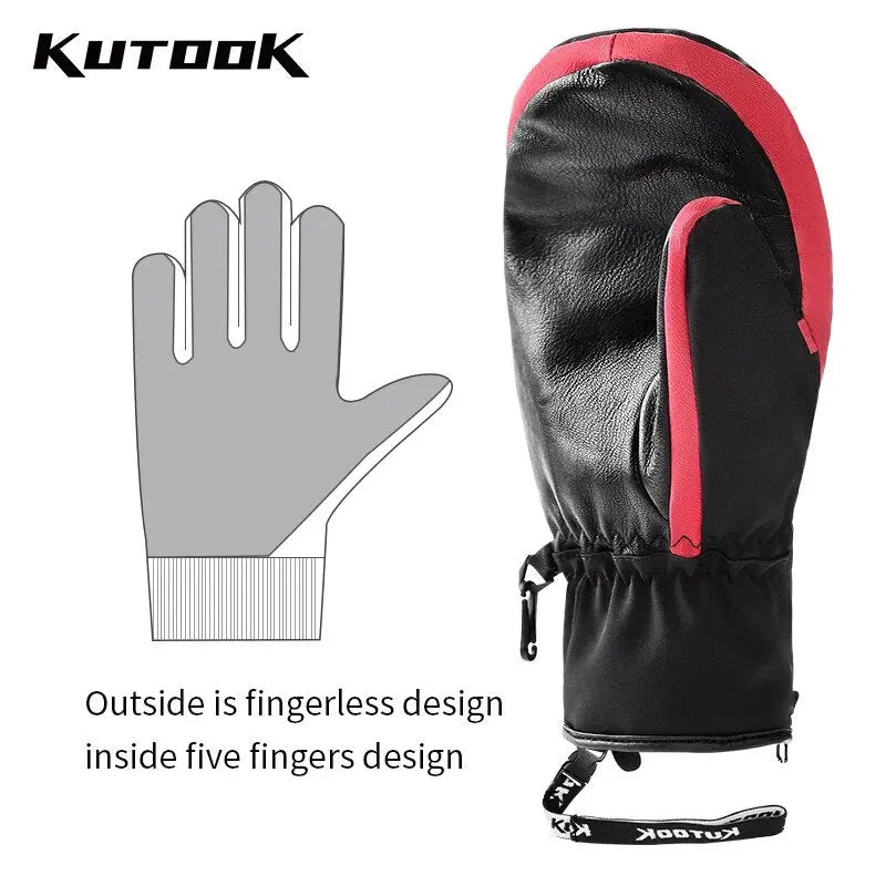 KUTOOK Winter Ski Mittens Windproof Snowboard Mittens Thermal Fleece Lining Skiing Gloves Waterproof Goatskin Palm Outdoor Sport - Posterify