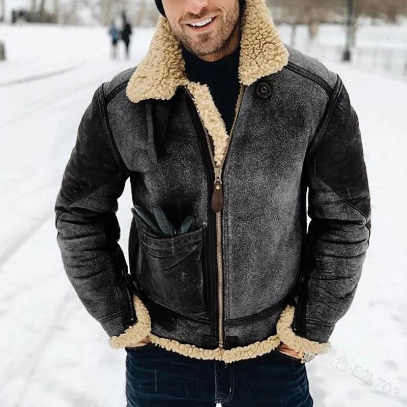 Hillside Faux Leather Men's Jacket Winter Warm Jacket Thicken Large Lapel Contrast Color Jacket - Posterify
