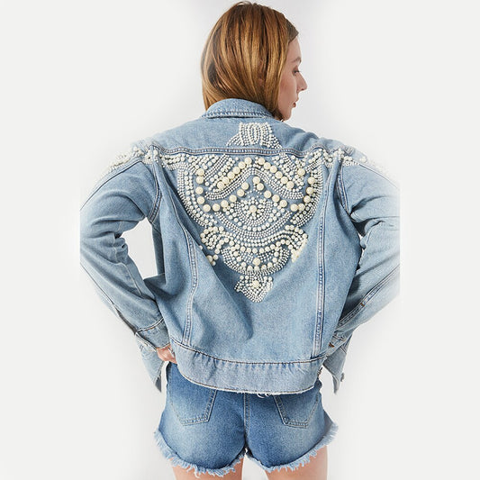 Hillside Embroidery Denim Jacket Beading Pattern Jean Jacket Long Sleeve Vintage Pocket Demin Punk Jackets Women Outerwear - Posterify