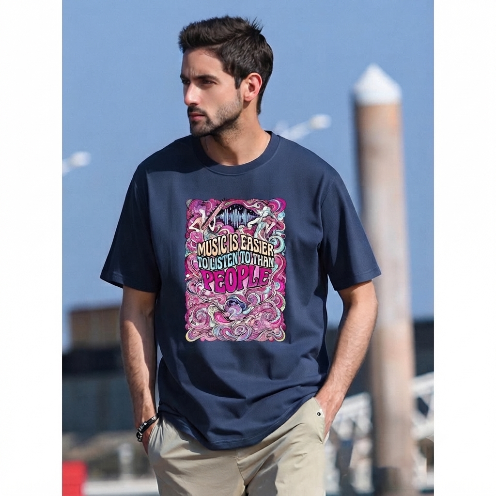 'Music is easier to listen to than people' T-Shirt  Printed in USA|180GSM Front DTF