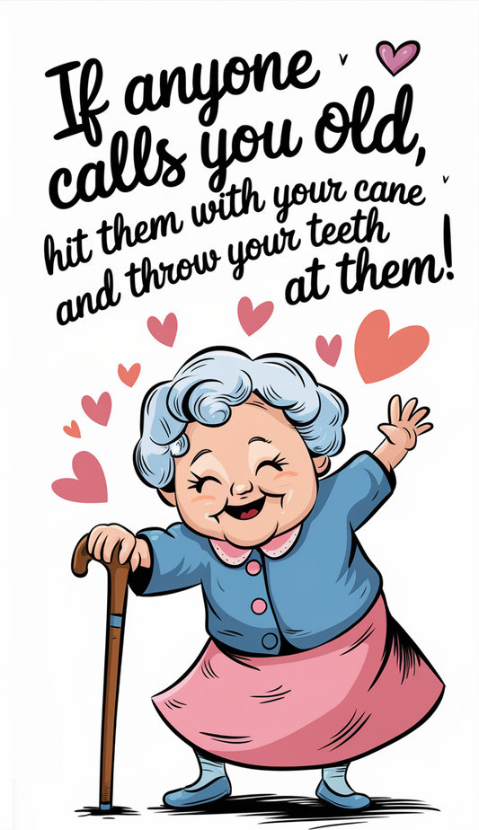 Funny Birthday Greeting Card, "If anyone calls you old, hit them with your cane and throw your teeth at them!"