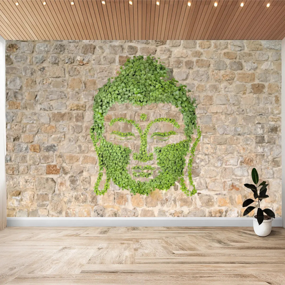 Buddha in Ivy on Stone Wall, Wallpaper Sticker - Image #1