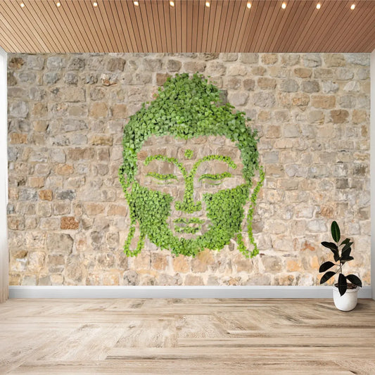 Buddha in Ivy on Stone Wall, Wallpaper Sticker - Image #1