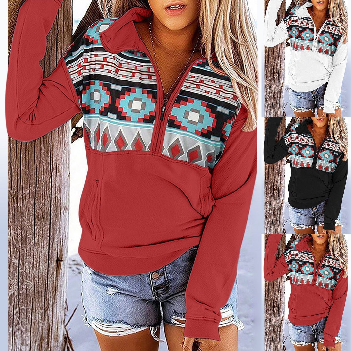 Hillside Autumn And Winter New Vintage Printed Zipper Pocket Women's Sweater - Posterify