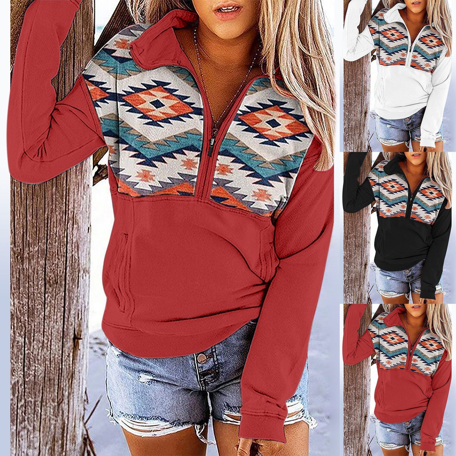 Hillside Autumn And Winter New Vintage Printed Zipper Pocket Women's Sweater - Posterify