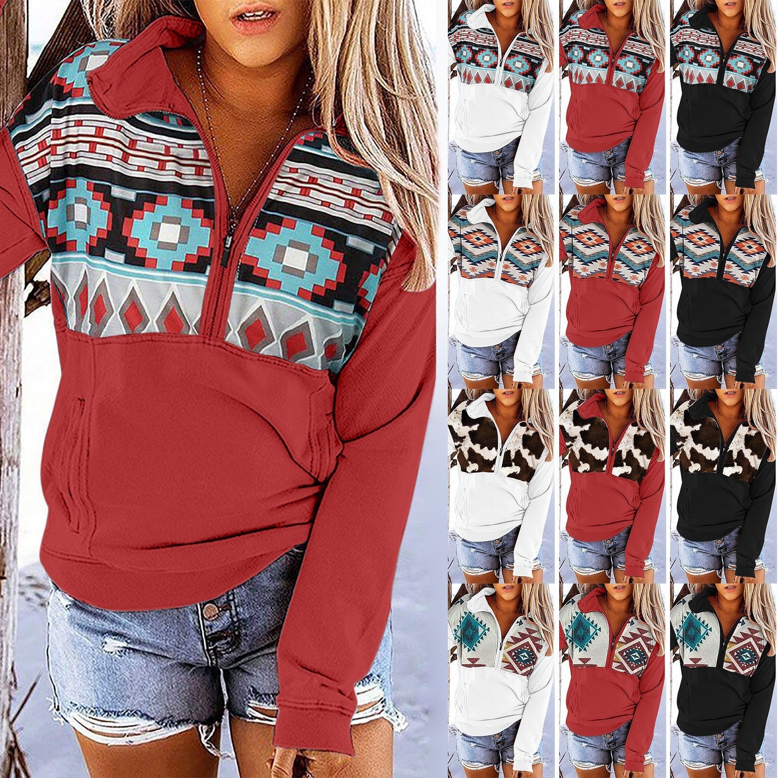 Hillside Autumn And Winter New Vintage Printed Zipper Pocket Women's Sweater - Posterify