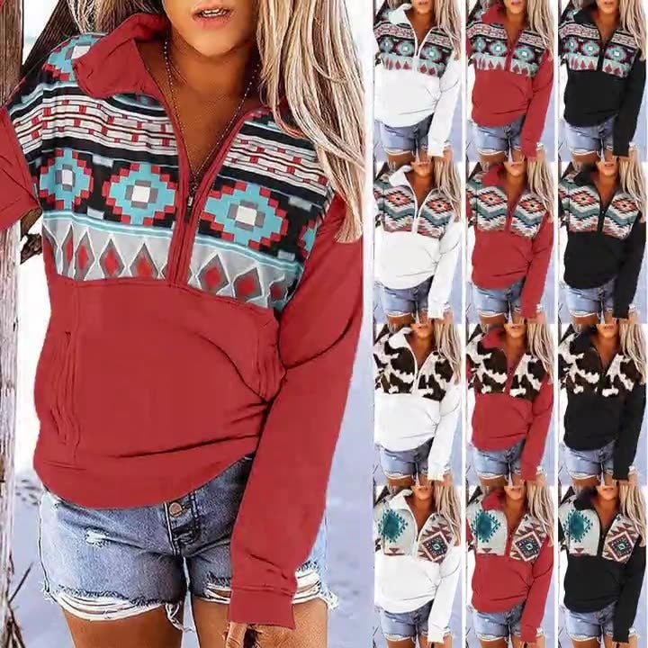 Hillside Autumn And Winter New Vintage Printed Zipper Pocket Women's Sweater - Posterify