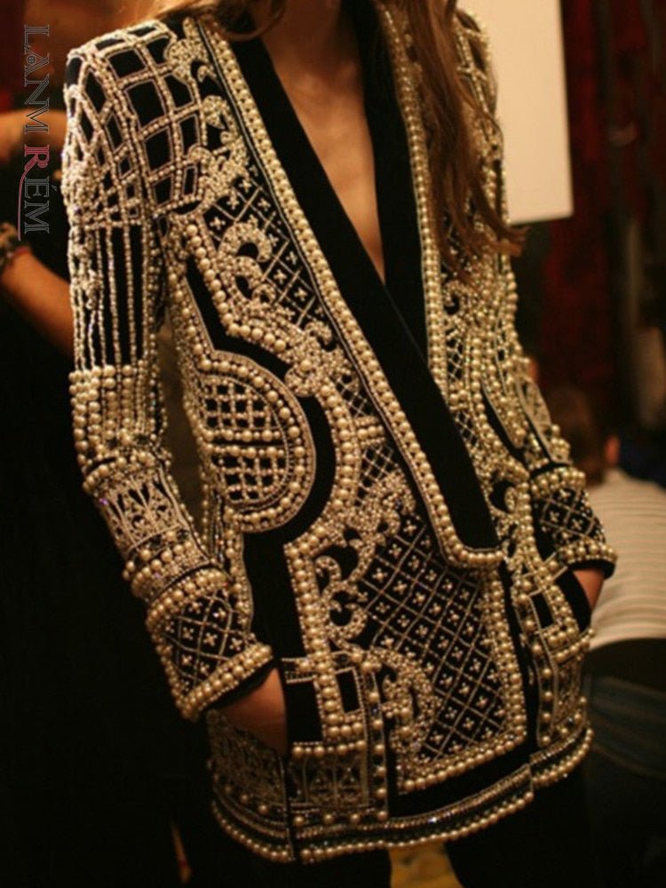 Hillside Beaded Geometric Autumn Winter Long Sleeves V - Neck Vintage Ladies Outwear vintage fashion Overcoats - Posterify