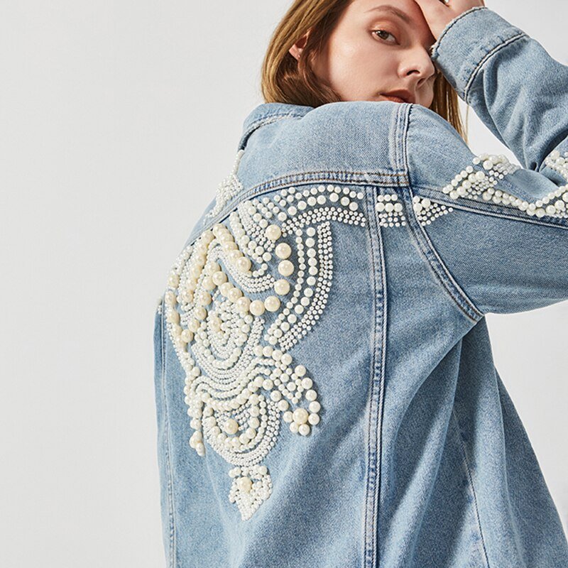 Hillside Embroidery Denim Jacket Beading Pattern Jean Jacket Long Sleeve Vintage Pocket Demin Punk Jackets Women Outerwear - Posterify