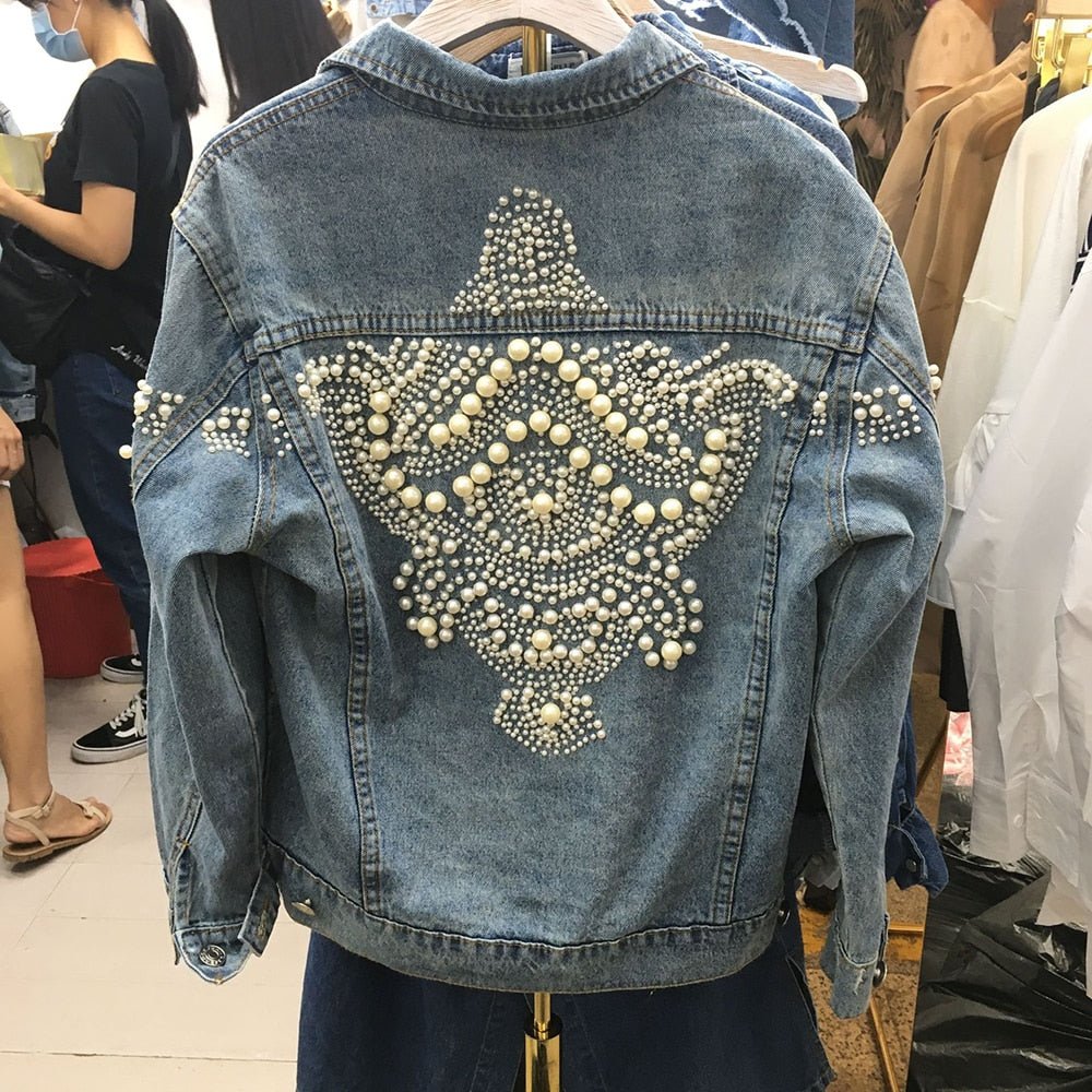 Hillside Embroidery Denim Jacket Beading Pattern Jean Jacket Long Sleeve Vintage Pocket Demin Punk Jackets Women Outerwear - Posterify