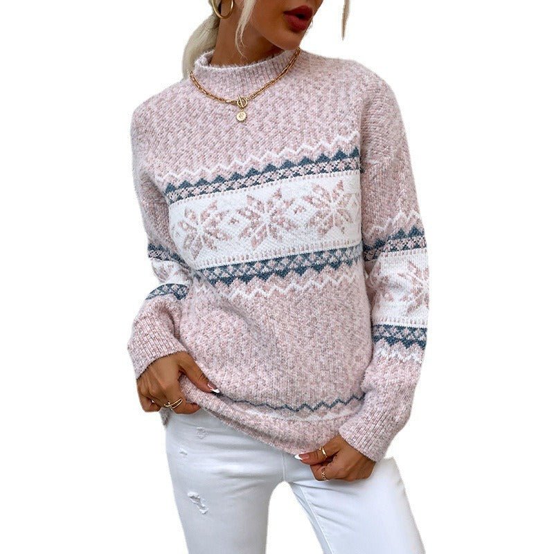 Hillside Knitwear Autumn And Winter New Semi High Collar Snowflake Sweater Women - Posterify