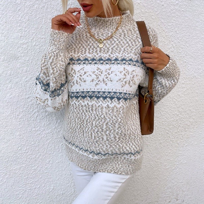 Hillside Knitwear Autumn And Winter New Semi High Collar Snowflake Sweater Women - Posterify