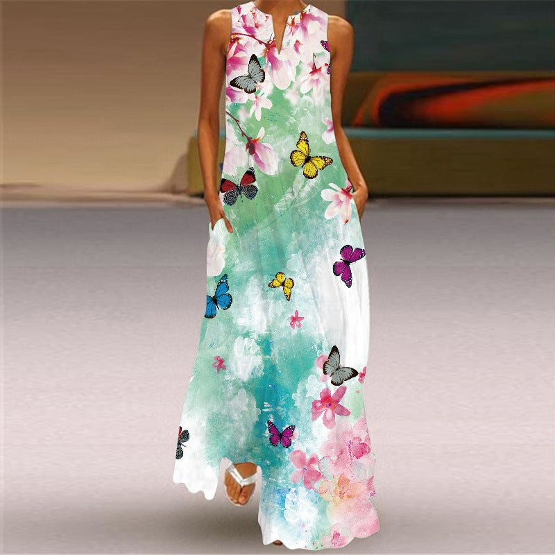 Hillside Ladies Vintage Print Long Dress V - Neck Sleeveless Pocket Summer Sexy Dress - Posterify