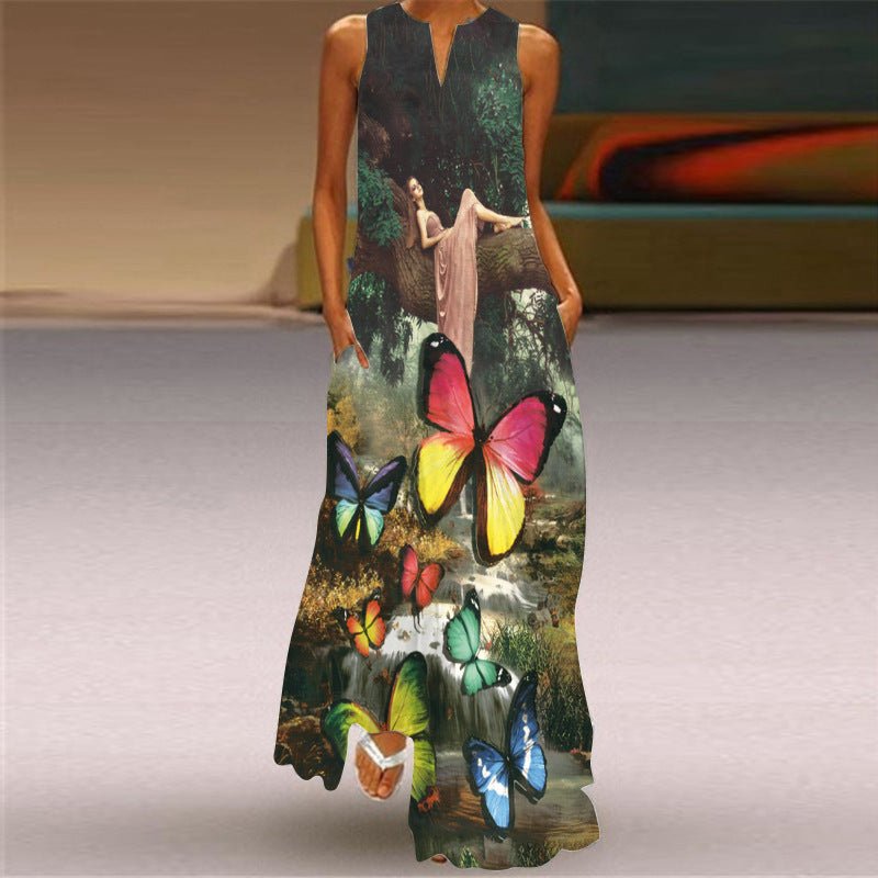 Hillside Ladies Vintage Print Long Dress V - Neck Sleeveless Pocket Summer Sexy Dress - Posterify