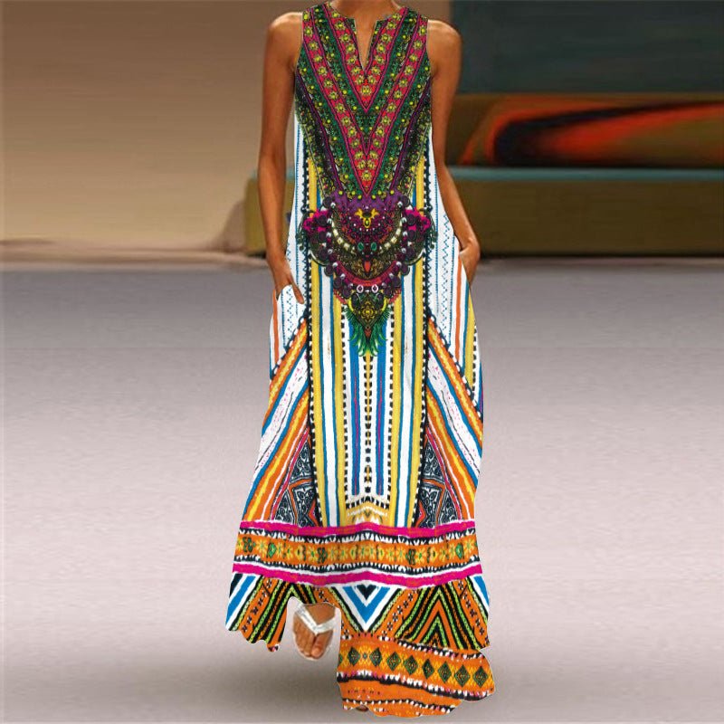 Hillside Ladies Vintage Print Long Dress V - Neck Sleeveless Pocket Summer Sexy Dress - Posterify