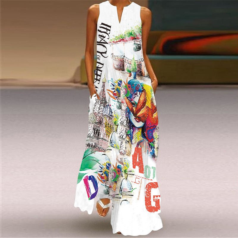 Hillside Ladies Vintage Print Long Dress V - Neck Sleeveless Pocket Summer Sexy Dress - Posterify