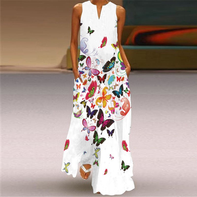 Hillside Ladies Vintage Print Long Dress V - Neck Sleeveless Pocket Summer Sexy Dress - Posterify