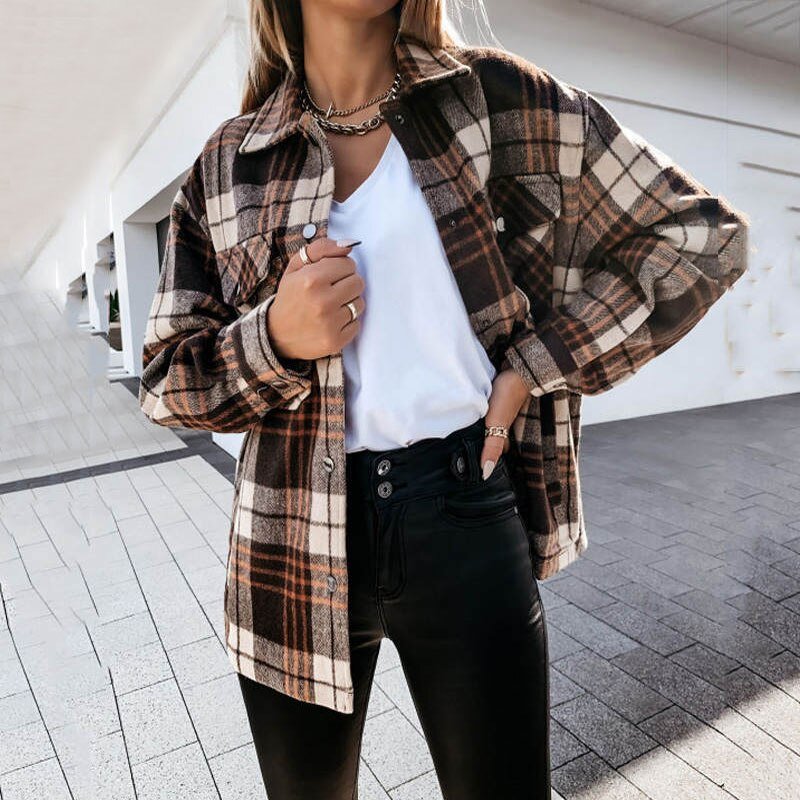 Hillside Long Plaid Jacket Women Coat Overshirt Winter Checkered Jacket Female Long Sleeve Shirt Jacket For Women - Posterify