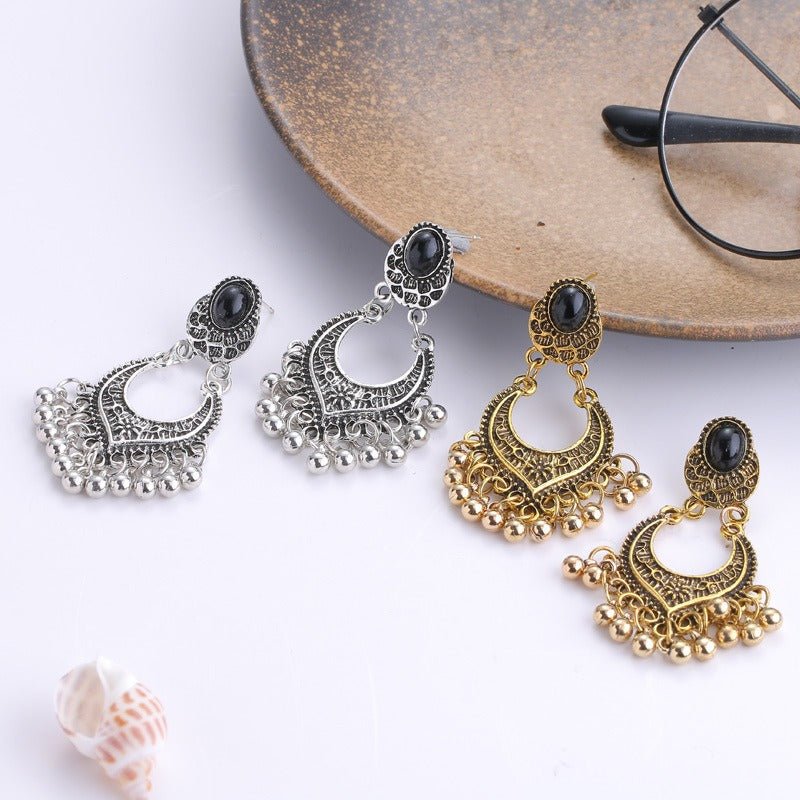 Hillside Vintage Black Droplet Earstuds Beads Tassel Rhinestone Earrings - Posterify