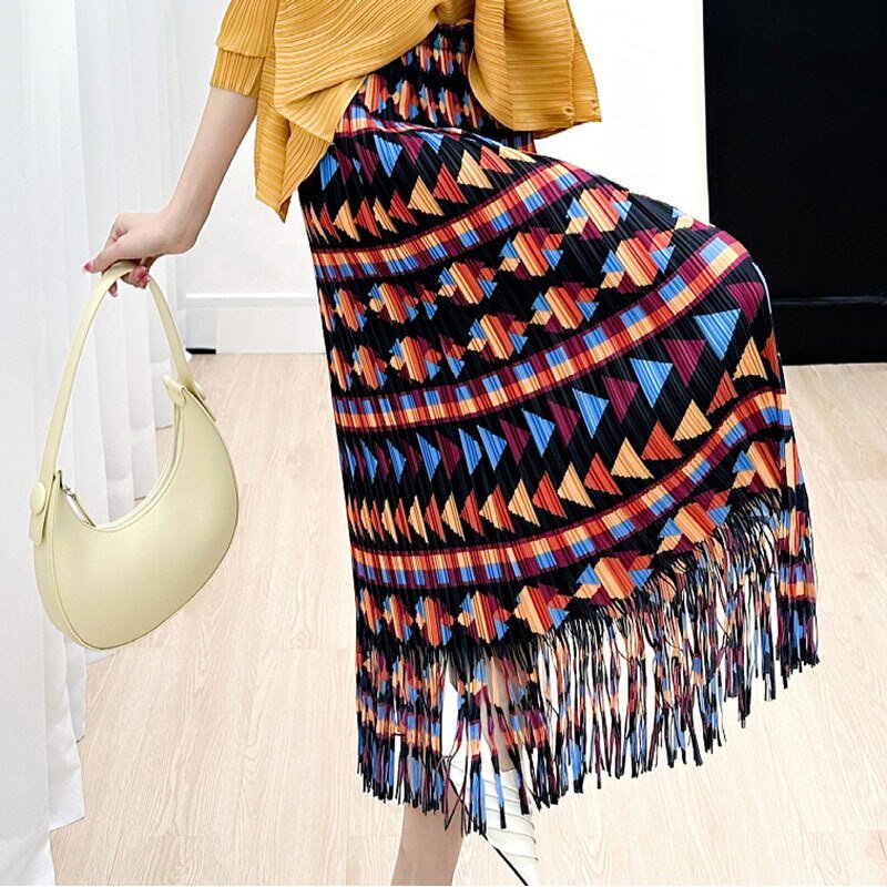 Hillside Vintage Printing Tassel Pleated Skirts For Women High Waist With Elastic Midi Skirt Tide Fashion Summer - Posterify