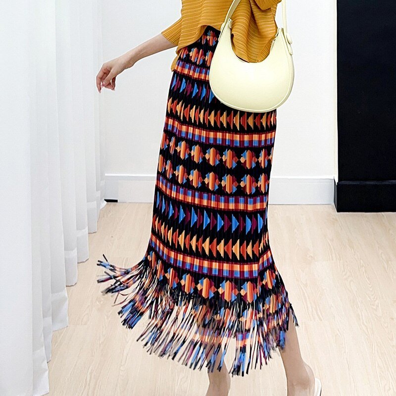 Hillside Vintage Printing Tassel Pleated Skirts For Women High Waist With Elastic Midi Skirt Tide Fashion Summer - Posterify