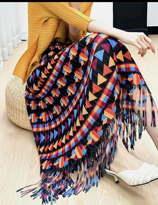 Hillside Vintage Printing Tassel Pleated Skirts For Women High Waist With Elastic Midi Skirt Tide Fashion Summer - Posterify