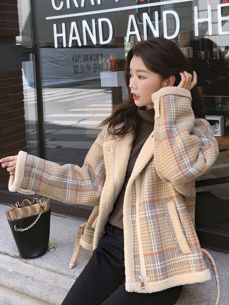 Hillside Women's Lambs Wool Short Coats Autumn Winter Wild New Korean Version Loose Plaid Notched Long Sleeve Casual Jacket - Posterify