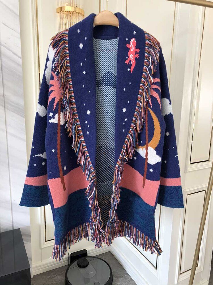 Hillside WQJGR High Quality Cashmere Winter Jacket Women Wool Kniited Tassel Loose Blue Cardigan Sweater Women Full Sleeve - Posterify