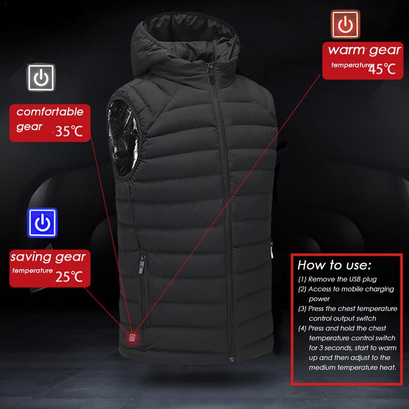 Men Outdoor USB Infrared Heating Vest Hooded Jacket Winter Electric Thermal Waistcoat For Sports Hiking Vest Clothing - Posterify