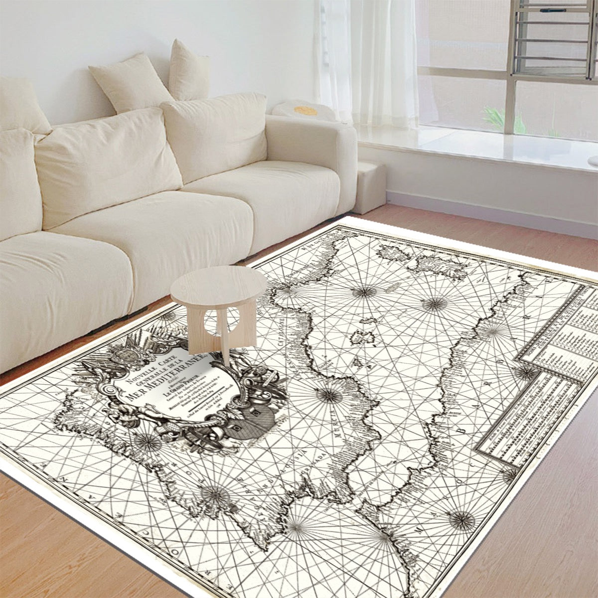 Nautical Mediterranean Sea Map Anno 1726 B/W Living Room Floor Mat - Posterify