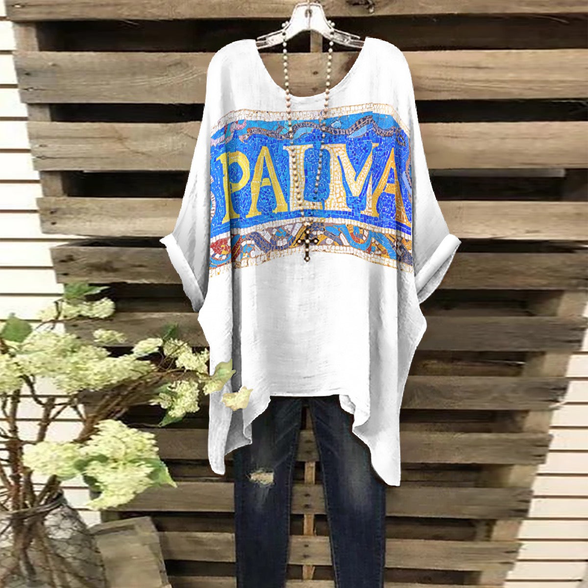 Women's Bat Sleeve Shirt with Roman Mosaic style print: PALMA - Posterify