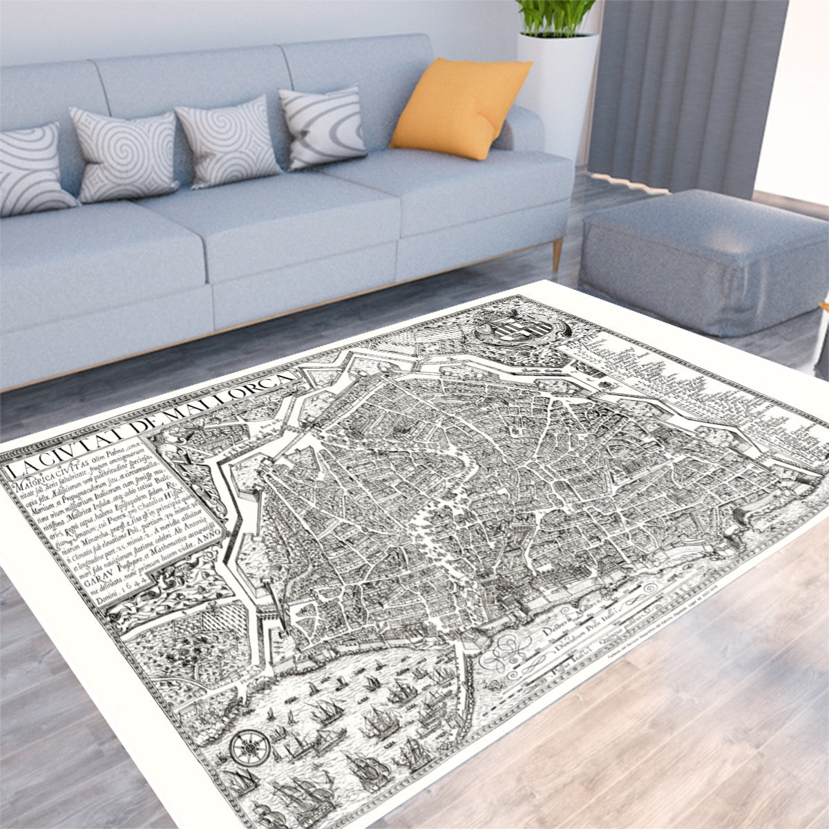 Vintage Palma City, Mallorca Map Anno 1644 Floor Mat - Posterify