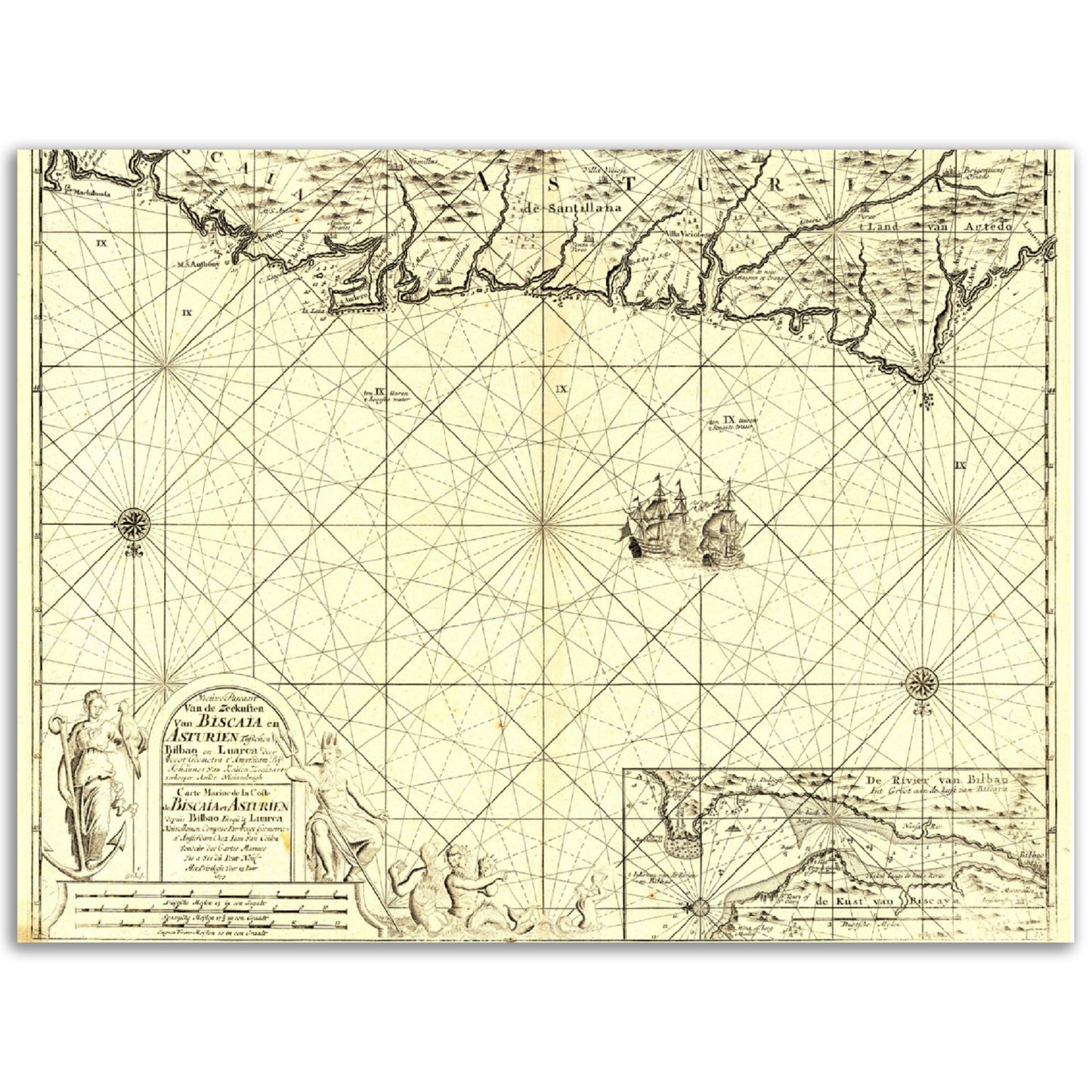 Vintage Biscay Nautic Map 1695 Reprint on Premium Matte Paper - Posterify