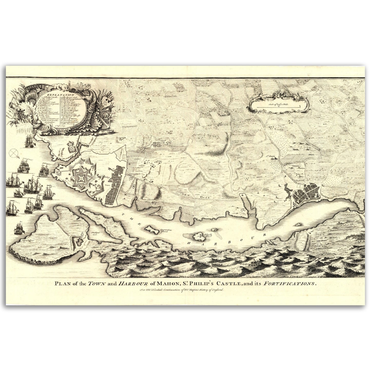 Vintage Mahón, Menorca Map Anno 1744 Reprint on Premium Matte Paper - Posterify